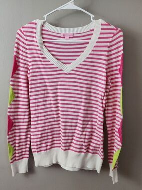 Lilly Pulitzer Striped Pink White V-Neck Sweater Argyle Preppy Spring  Y2K 1990s